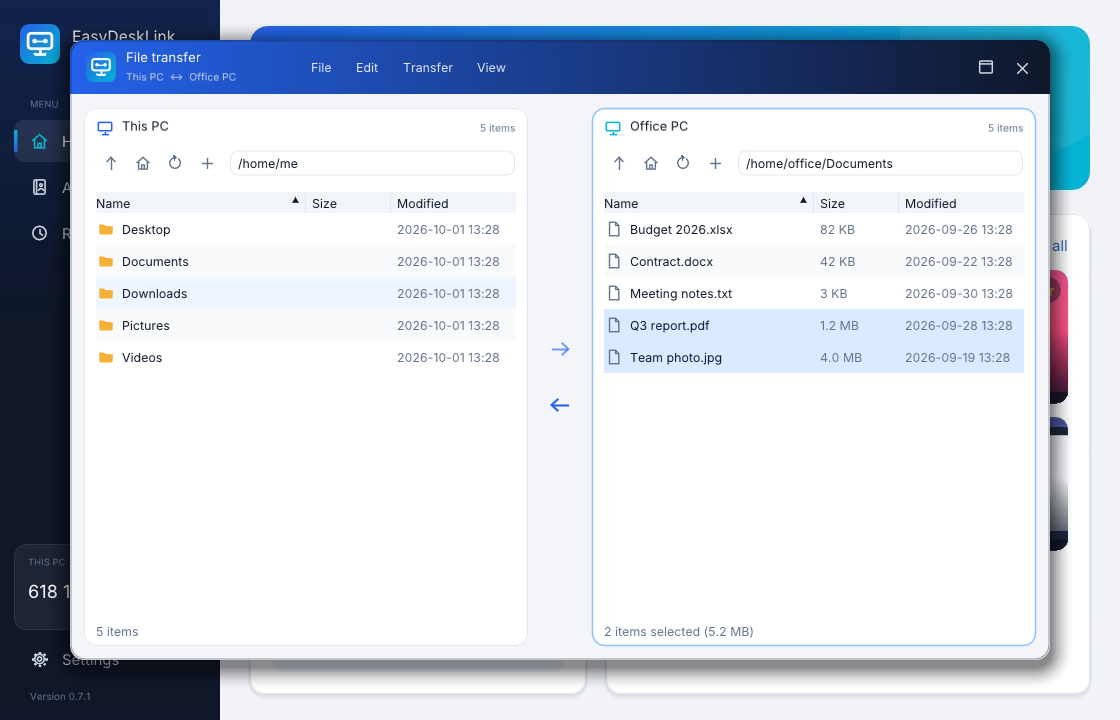 File transfer: this PC and the Office PC side by side, two files selected