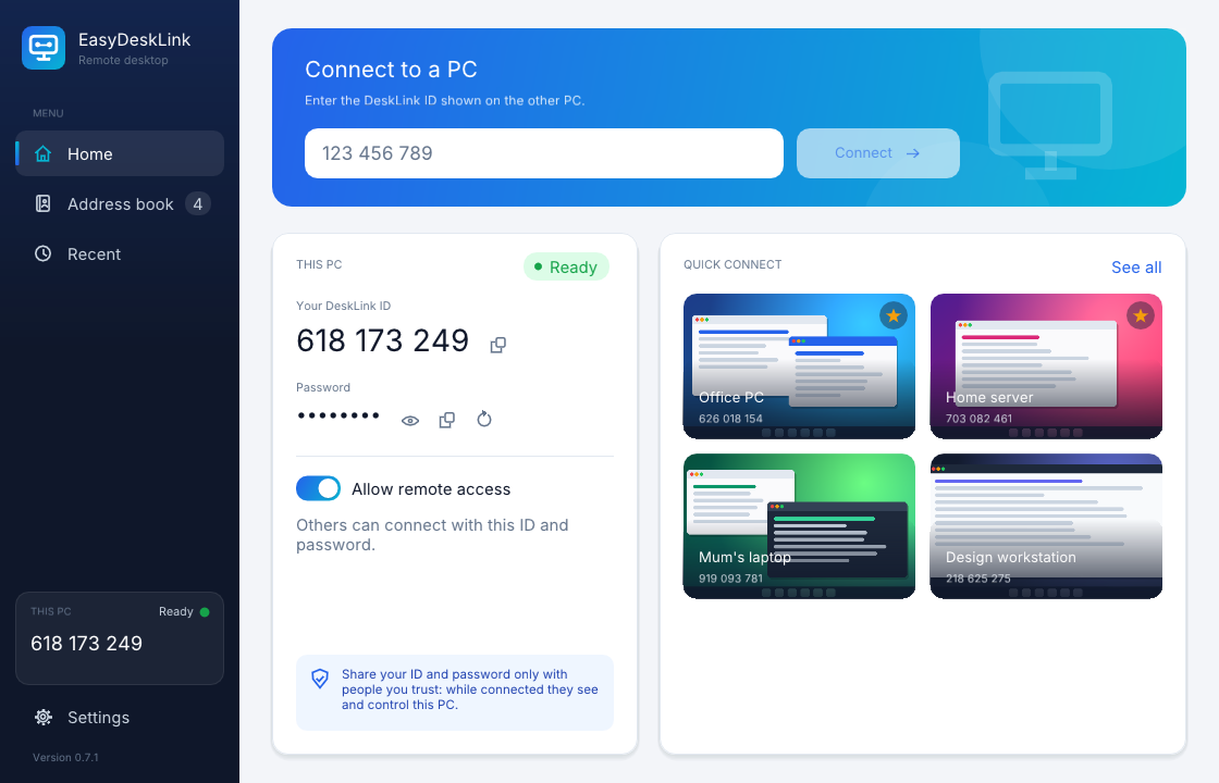 The DeskLink app: connect to a PC, this PC's ID and password, and your saved PCs